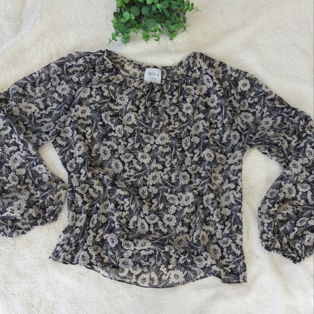 MISA Anthropologie Semi-Sheer Floral Bell Sleeve Blouse Size S